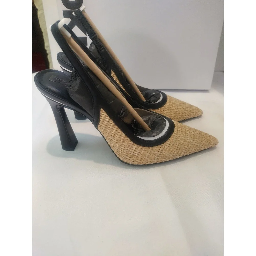DKNY Cinette Slingback Pumps Natural Raffia Black Pointed Toe Heel K1526881 US 6 - Picture 4 of 8